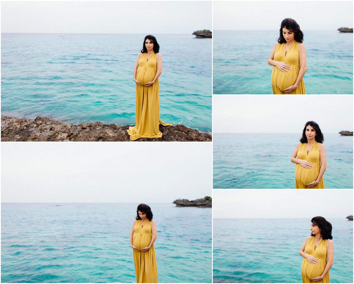 Okinawa maternity photographer gold dress