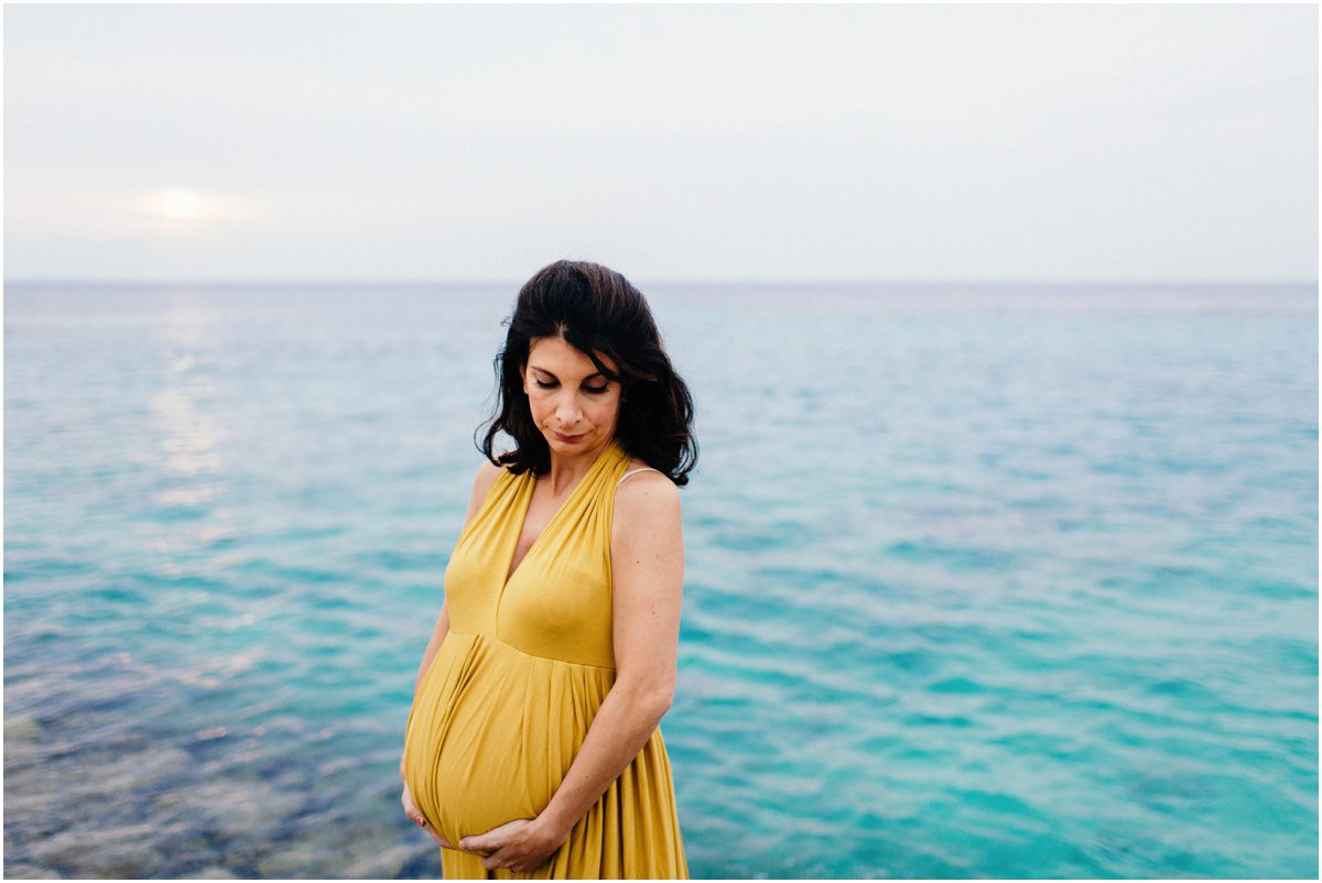 blue water and gold dress Okinawa maternity photographer