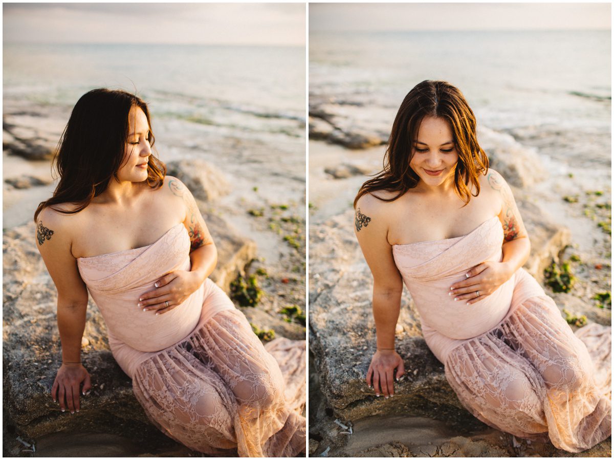 natural-light-beach-maternity touching belly