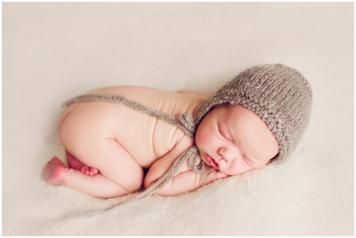 NEPA studio newborn photography simple gray bonnet