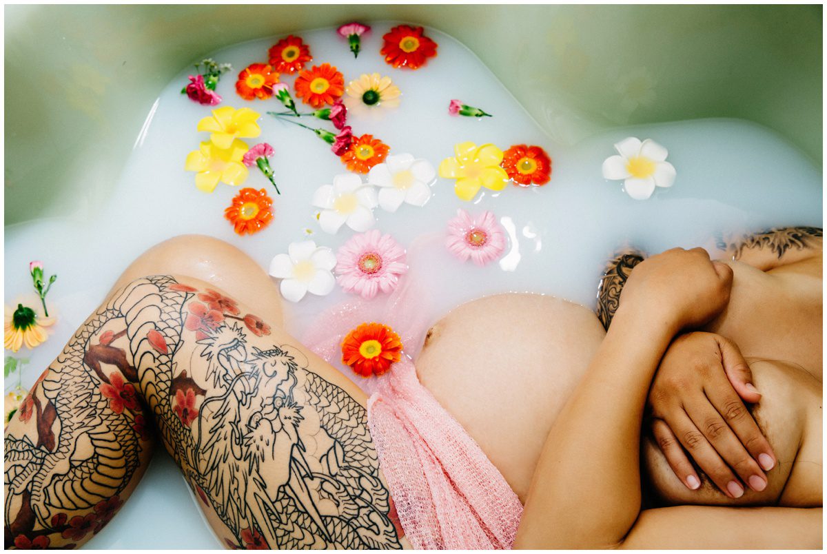 nude and tattooed Milk Bath Maternity Photographer