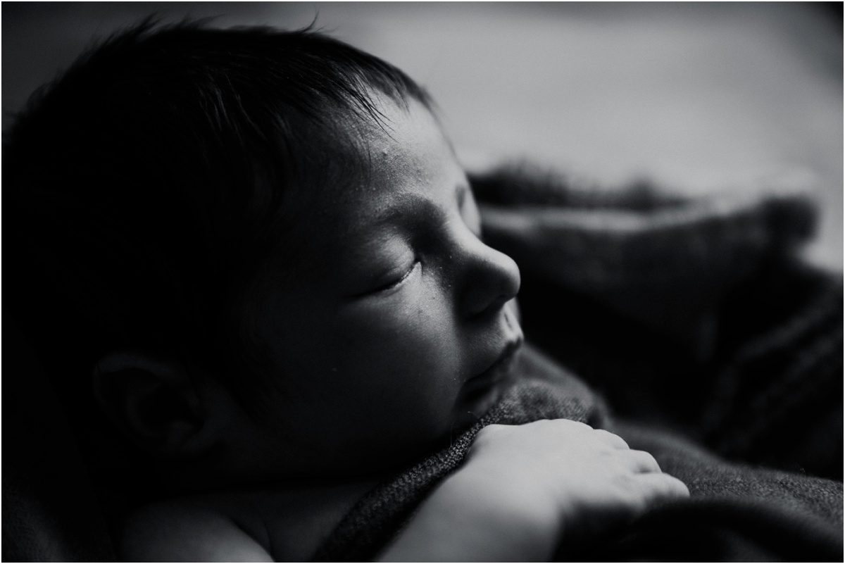 black and white photo, newborn profile of face