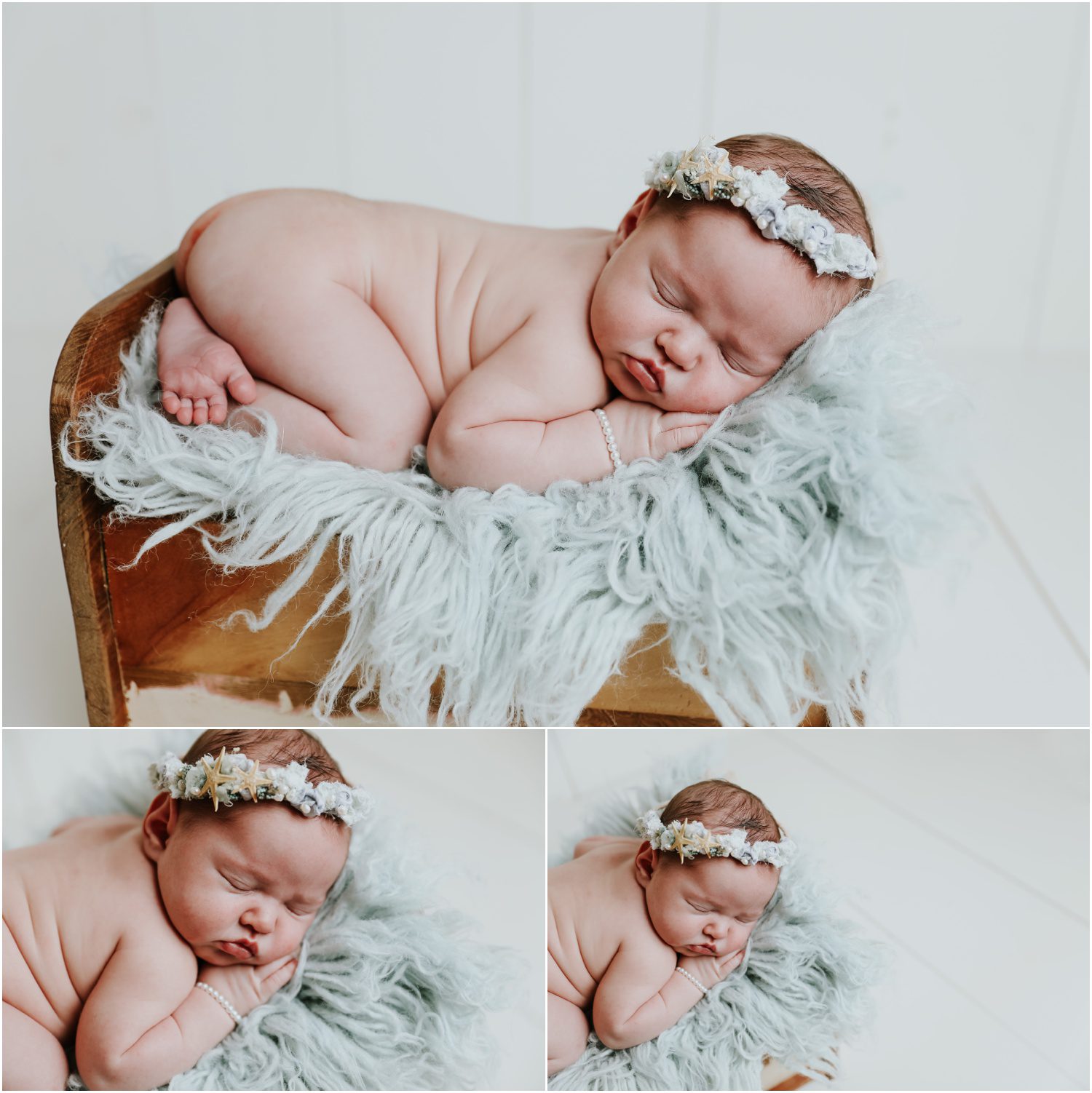 Columbia County, Pennsylvania Newborn Photographer, turquoise fur in newborn baby bed