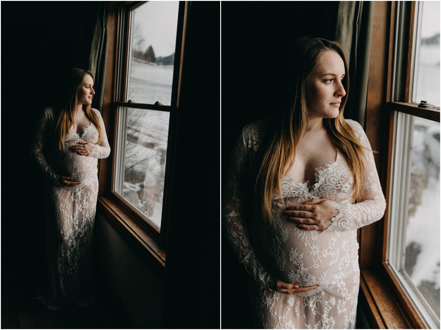 lace maternity gown ,NEPA Lifestyle Maternity Photographer, in home maternity