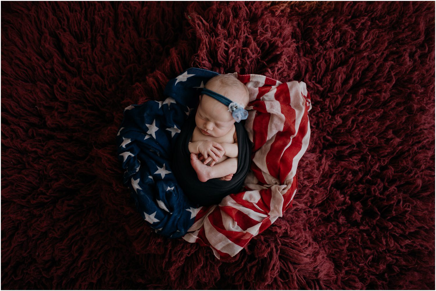 Patriotic Newborn Photographer in Columbia County, PA, red white and blue, baby in a flag scarf