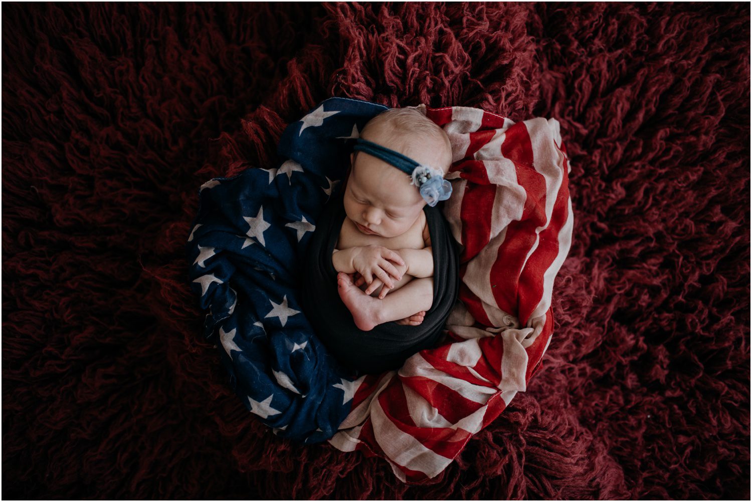 Patriotic Newborn Photographer in Columbia County, PA, american flag and a baby