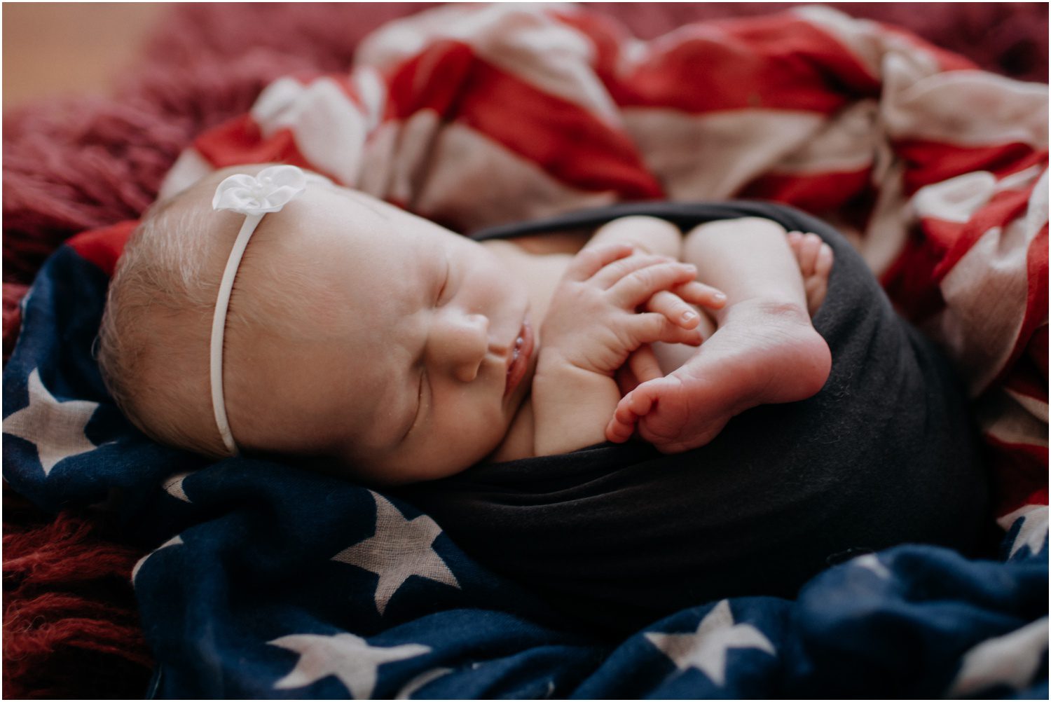 newborn girl in american flag scarf, Patriotic Newborn Photographer in Columbia County, PA