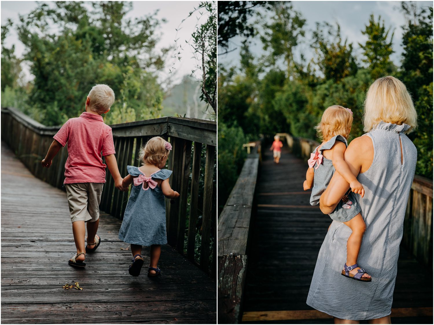 Northeast Creek Park, North Carolina, Destination Family Photographer, children and mother playing on bridge