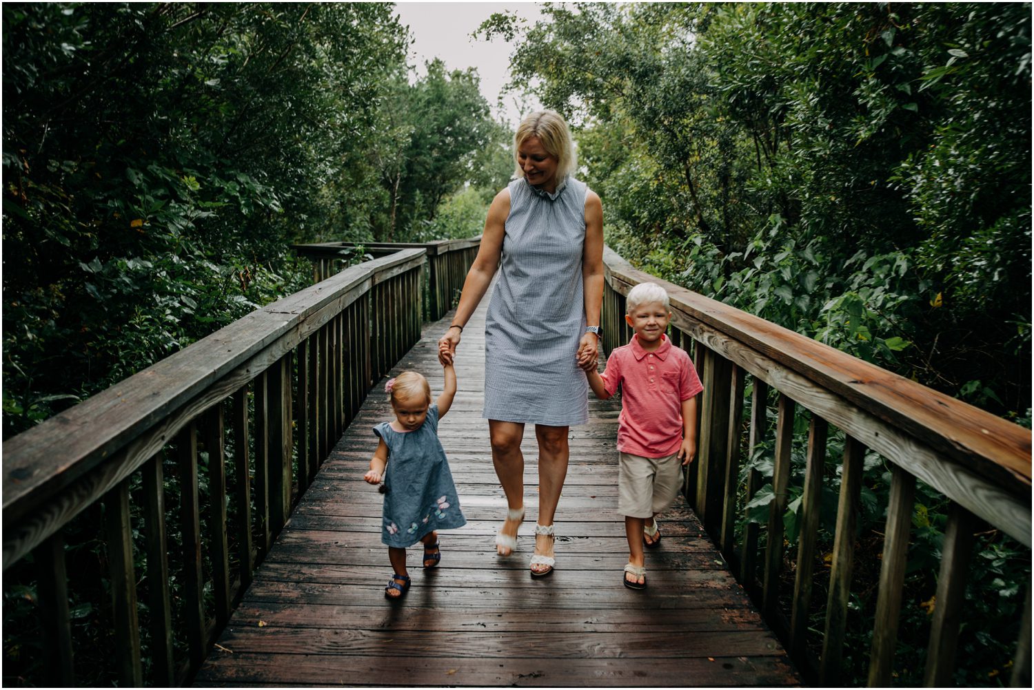 family walking on bridge, Northeast Creek Park, North Carolina, Destination Family Photographer